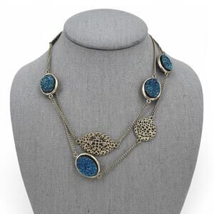 Vintage VCLM Necklace Blue Faux Druzy Rhinestone Stations Opera Length